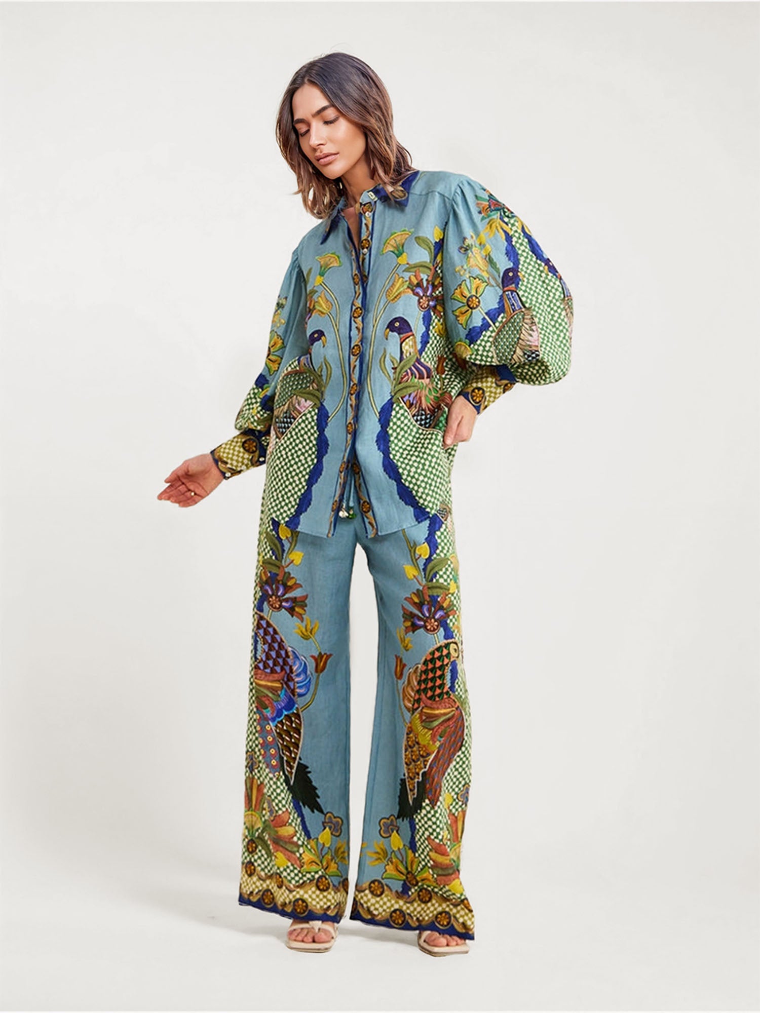 Bohemian Floral Print Wide-Leg Pants