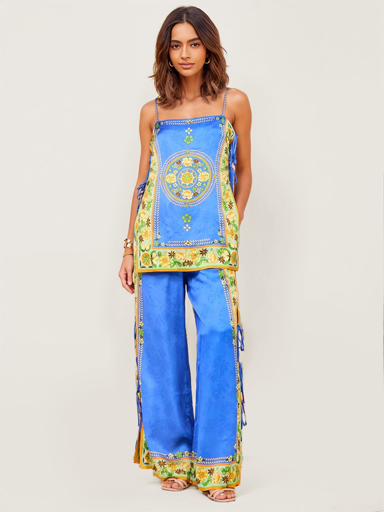 Tropical Graphic Print Wide-Leg Pants