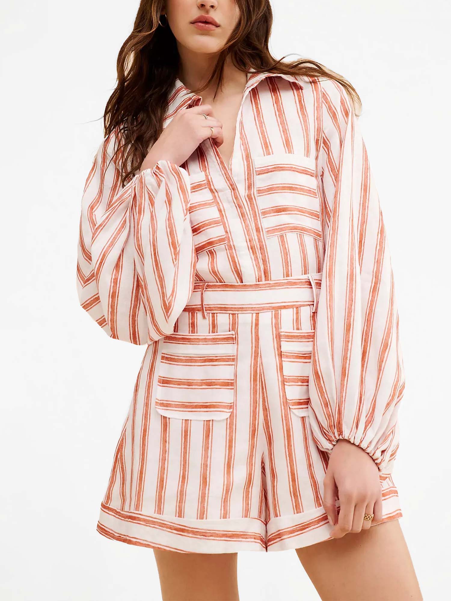 Striped Belted Romper Set
