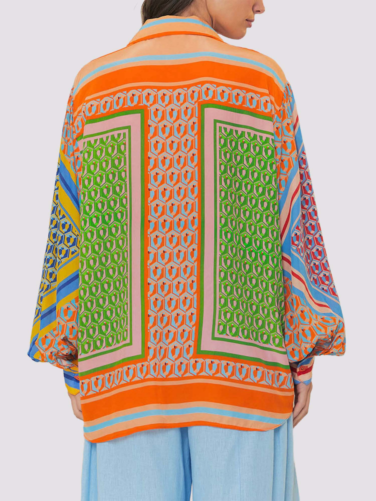 Print Oversized Button-Up Shirt with Colorblock Details