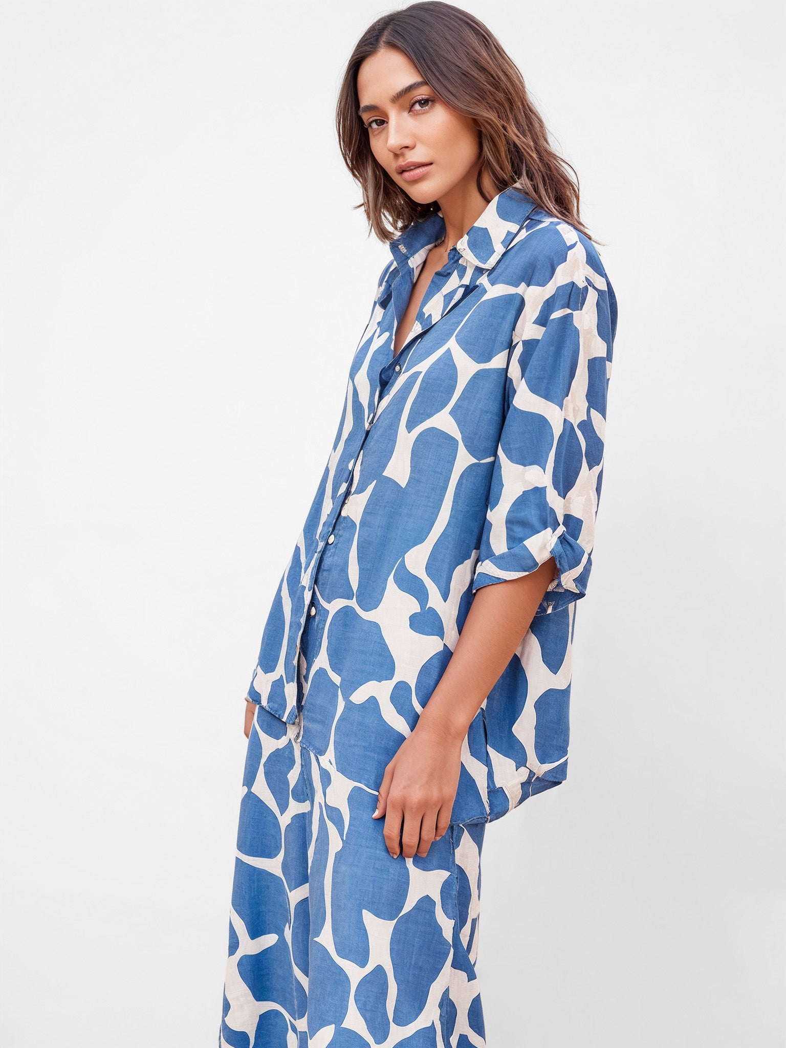 Ocean Wave Print Oversized Button-Up Shirt
