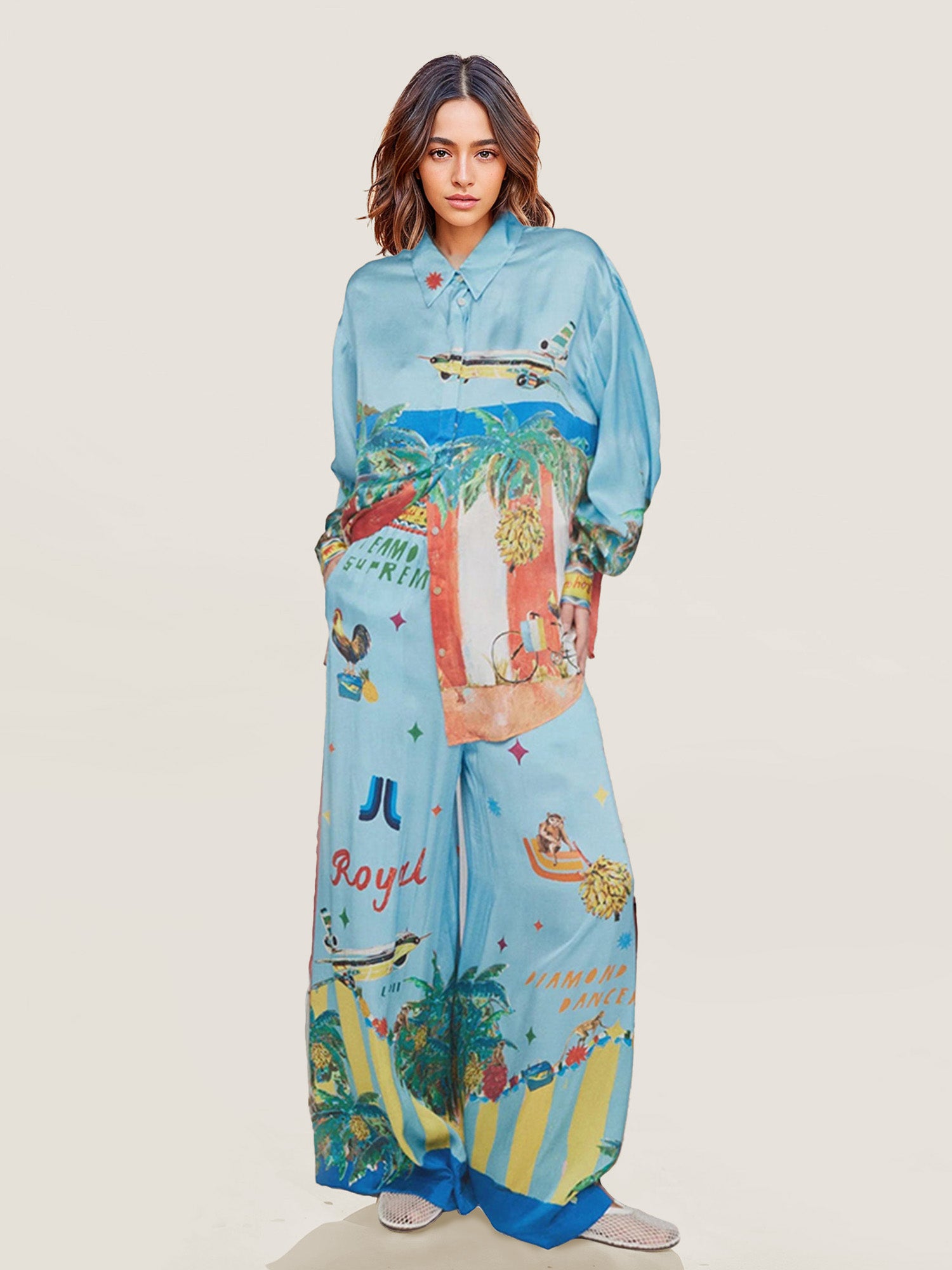 Loose-Fit Satin Shirt with Unique Painted Print