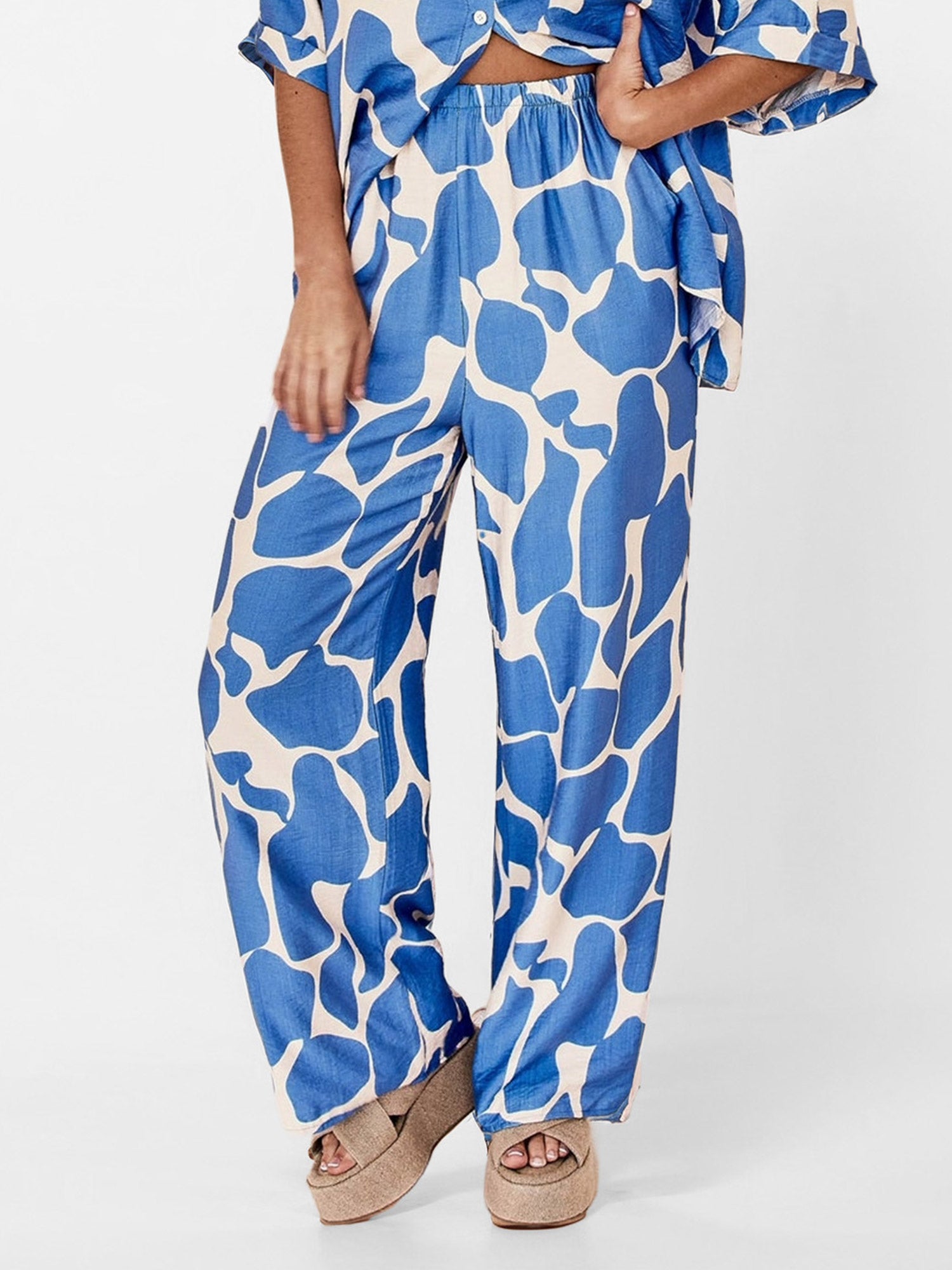 Ocean Wave Print Wide-Leg Pants