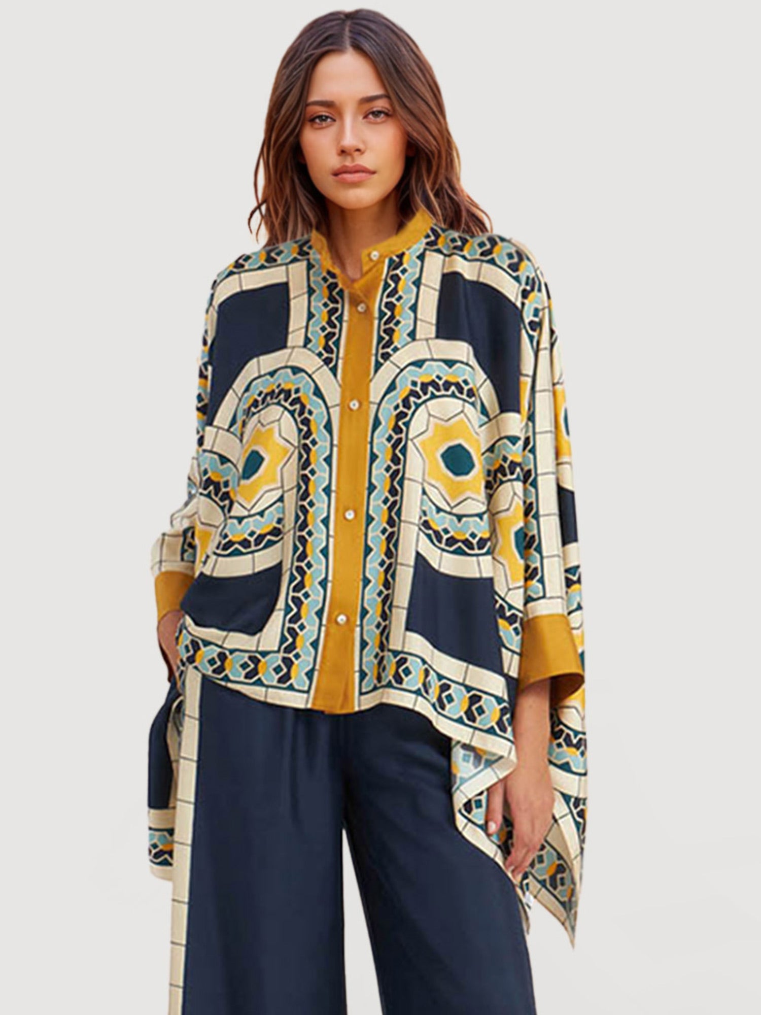 Geometric Print Oversized Button-Up Shirt