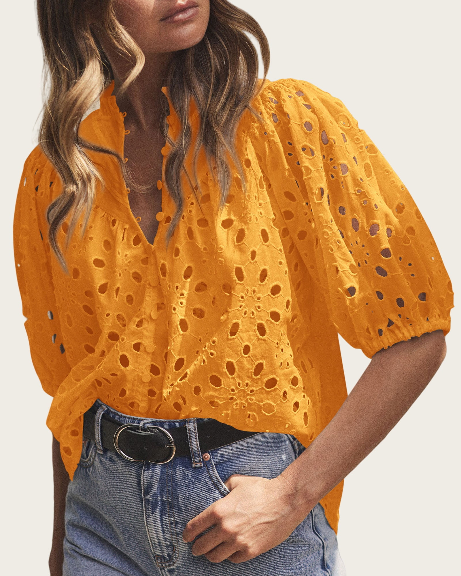 Short Lantern Sleeve Button Hollow Lace Embroidery Shirt