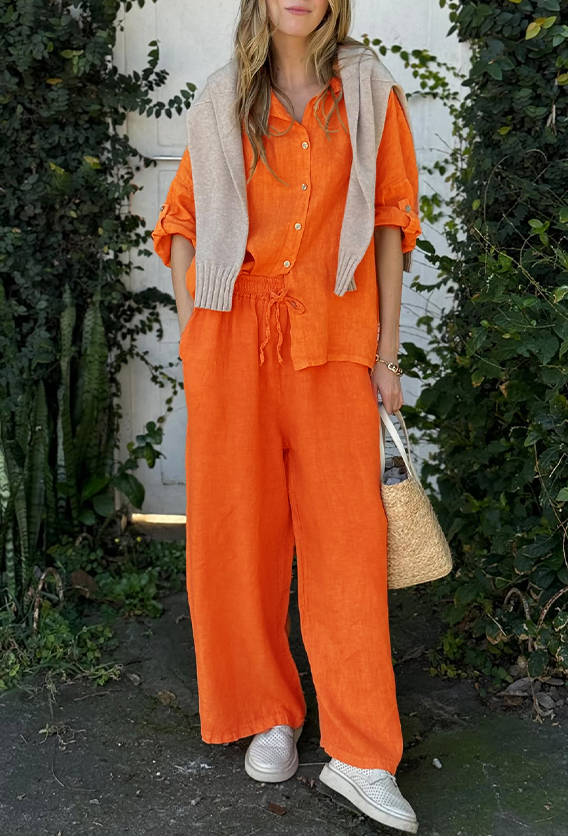 Comfortable Cotton and linen casual solid color 2-piece Set