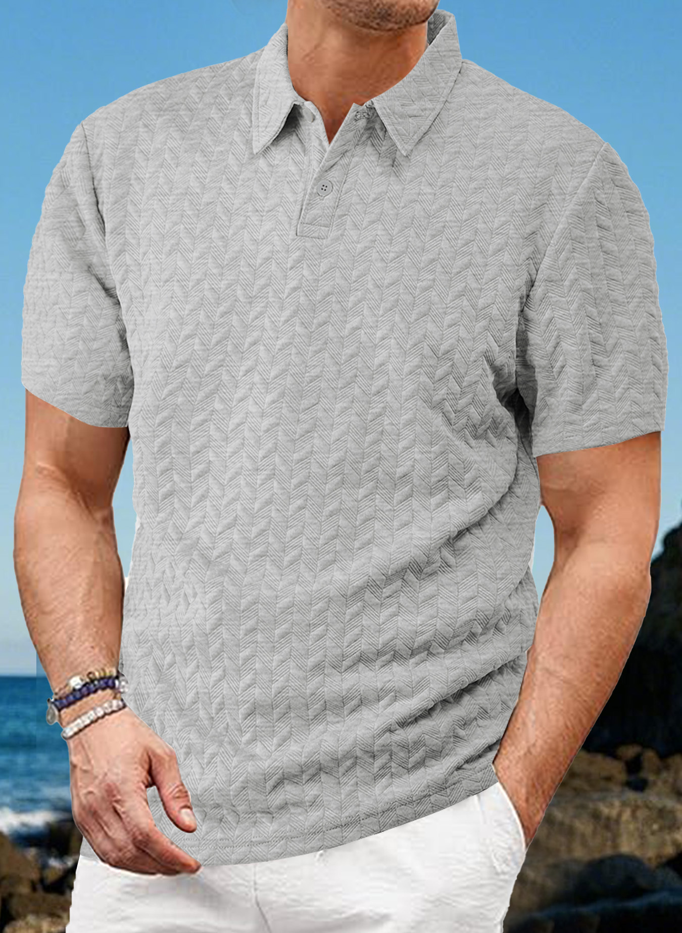 Casual solid color breathable jacquard POLO shirt