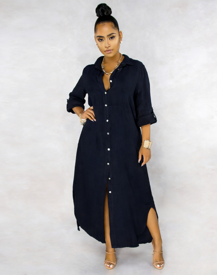 2026🔥 Three-quarter sleeve rolled hem side slit shirt dress