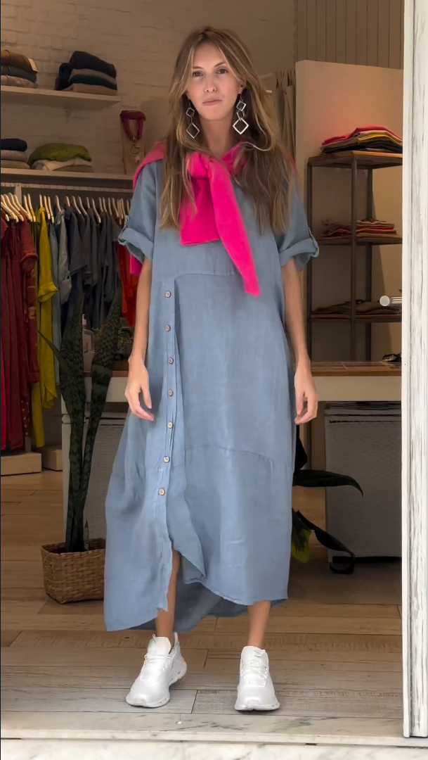 WOMEN'S COTTON LINEN CASUAL BUTTONS DRESS