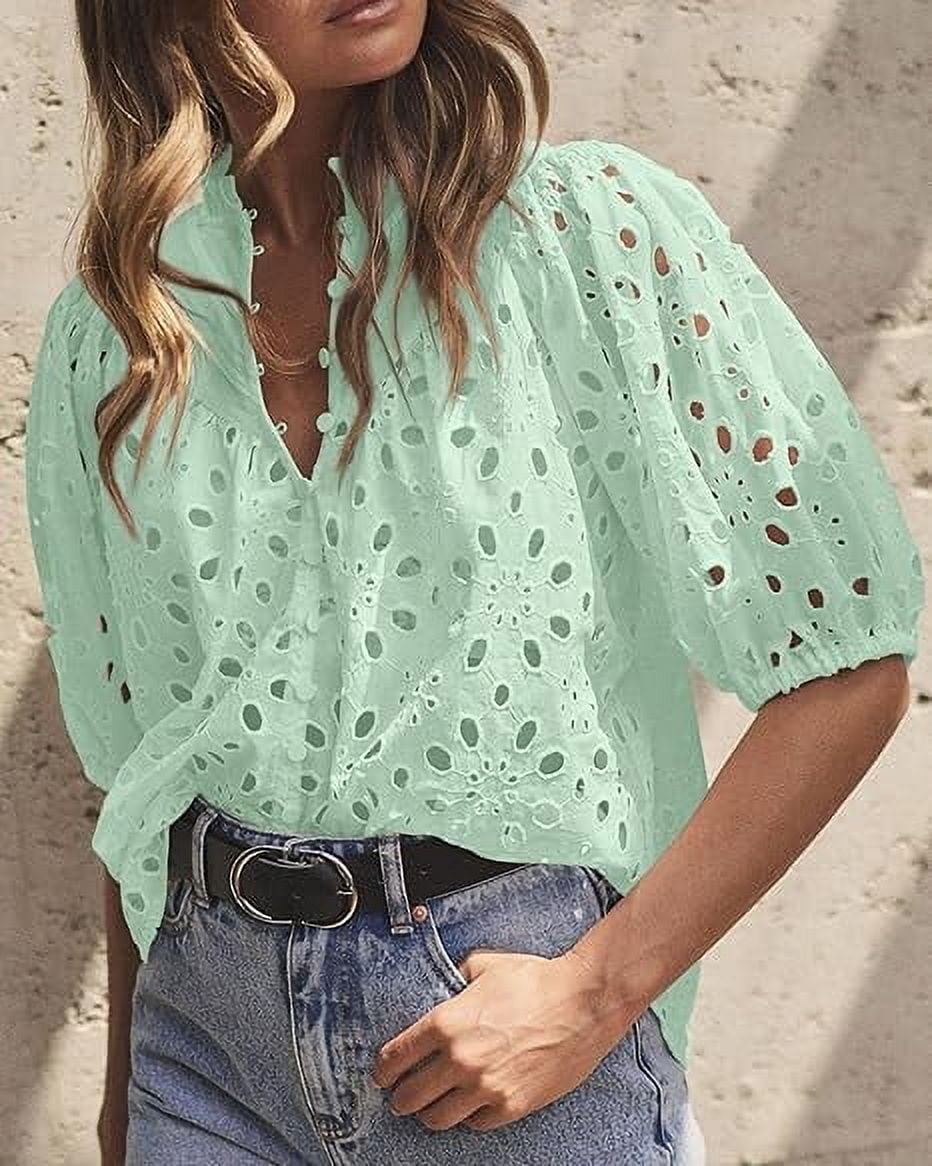 Short Lantern Sleeve Button Hollow Lace Embroidery Shirt