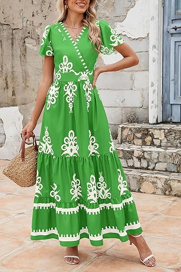 PRETTYGARDEN Womens 2026 Summer Casual V Neck Boho Maxi Dress Flowy Aline Bell Sleeve Tiered Floral Dresses with Pocket