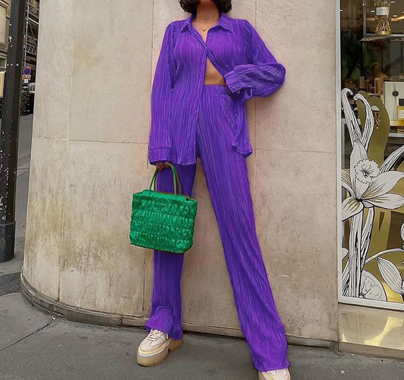 Loose ice silk smooth pleated casual two-piece suit