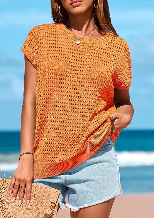 Women's Crochet Sweater Pullover Cute Crew Neck Beach Cover-up