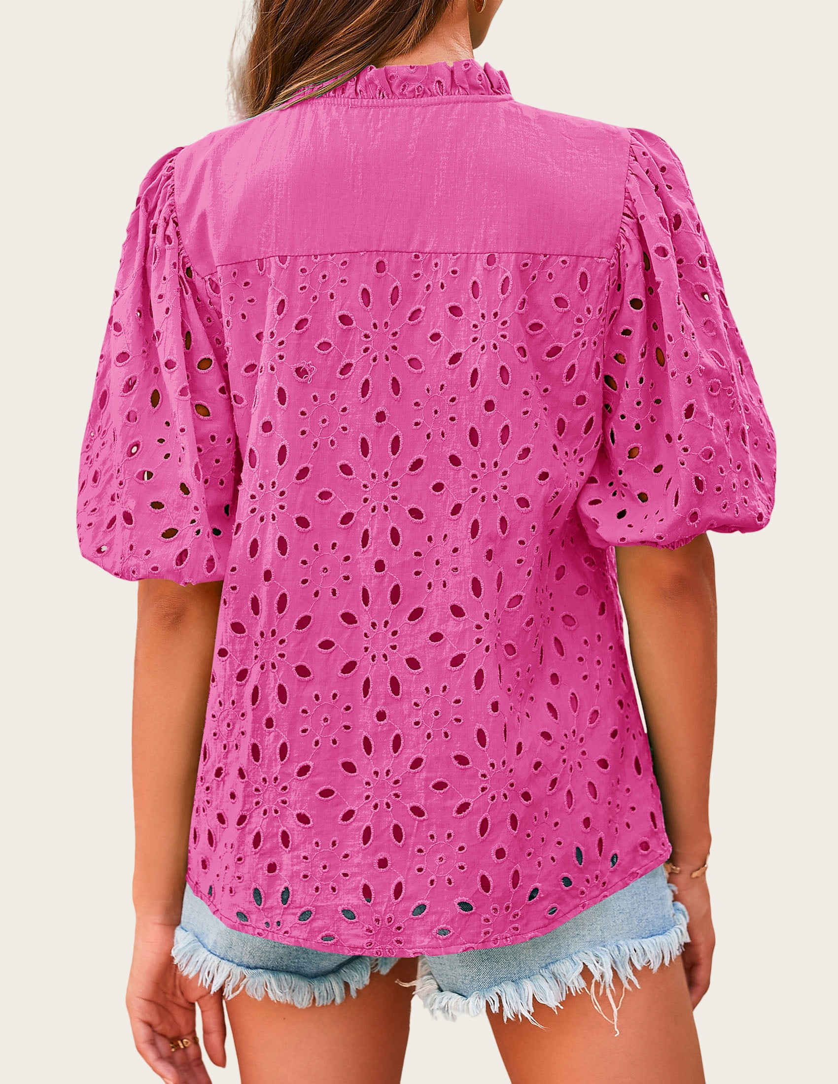 Short Lantern Sleeve Button Hollow Lace Embroidery Shirt