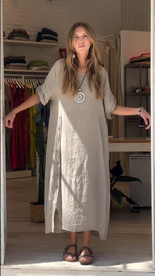 WOMEN'S COTTON LINEN CASUAL BUTTONS DRESS