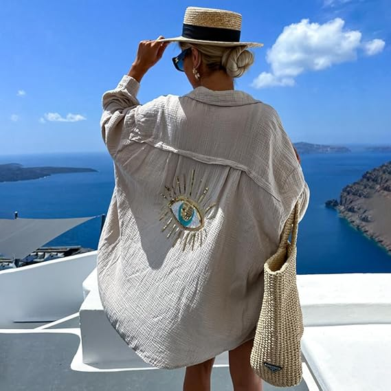 Loose-fitting linen sequined beach shirt