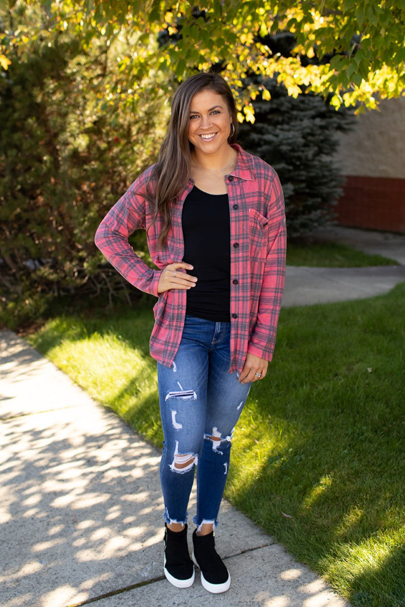 Red Black Plaid Oversized Fleece Button Up (SM-3X)