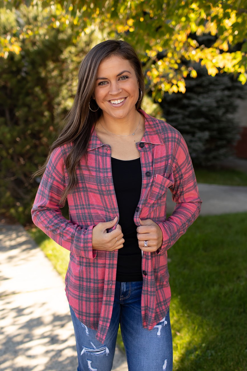 Red Black Plaid Oversized Fleece Button Up (SM-3X)