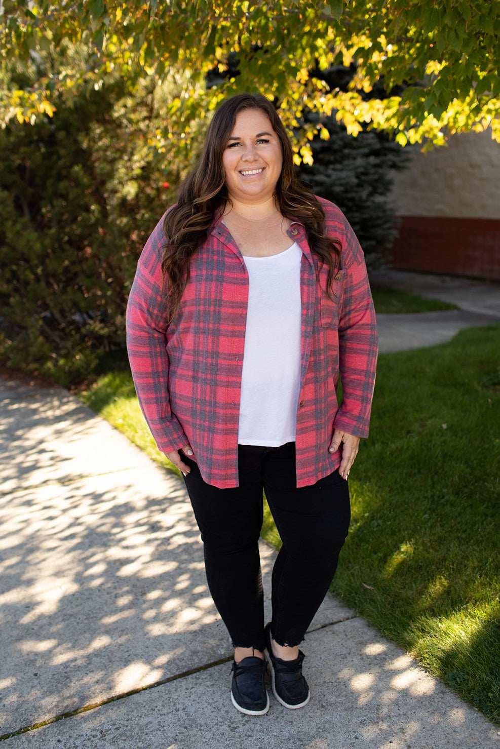 Red Black Plaid Oversized Fleece Button Up (SM-3X)