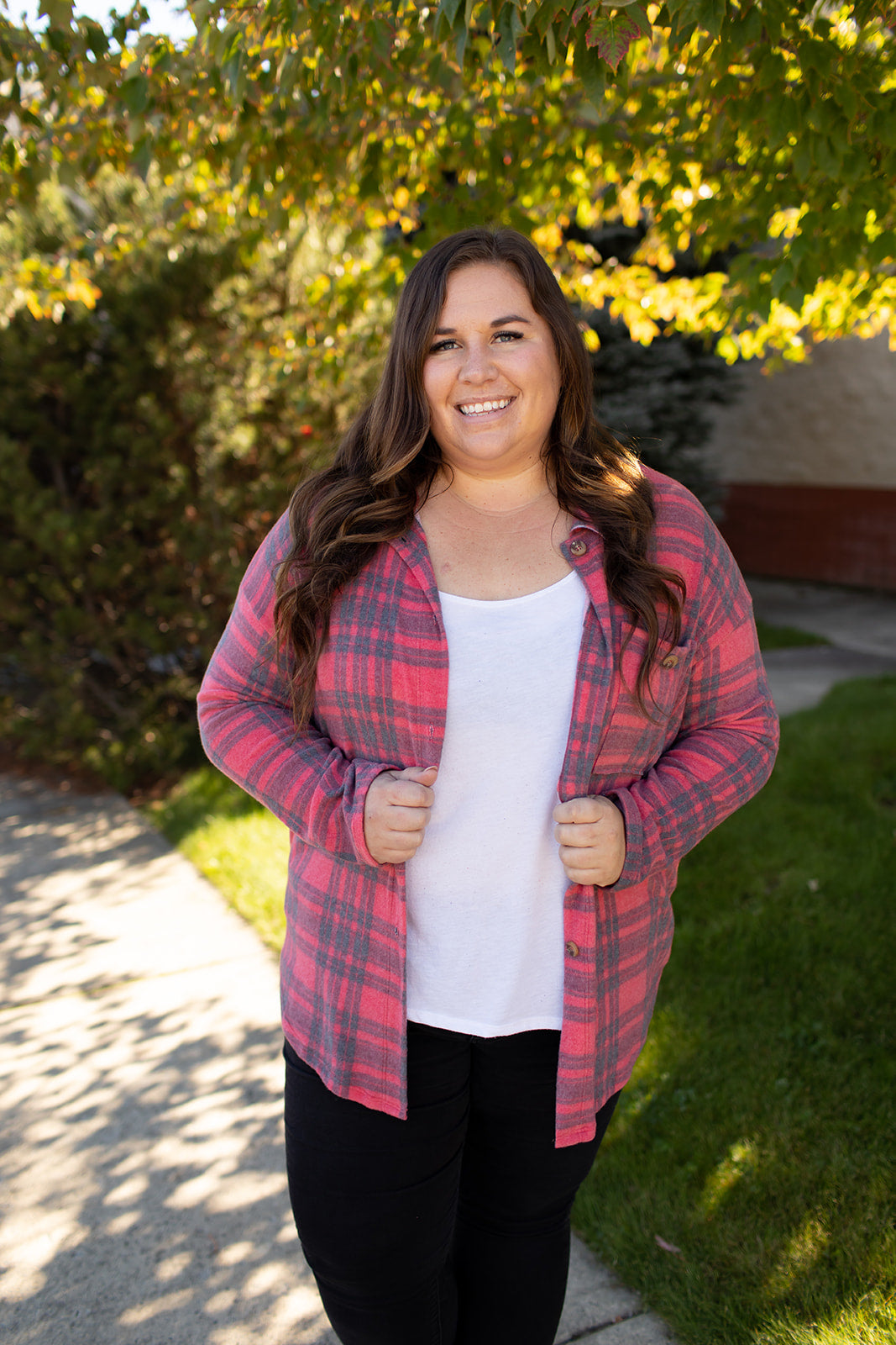 Red Black Plaid Oversized Fleece Button Up (SM-3X)