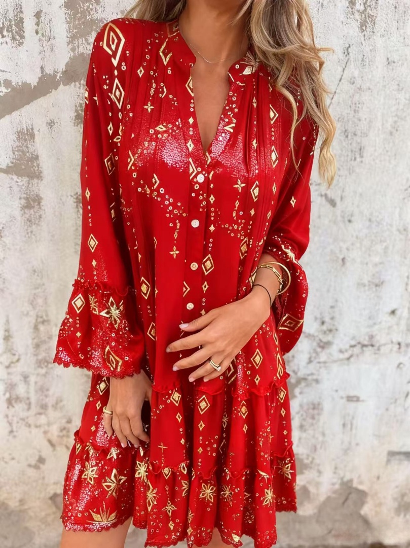Limited Time Discount 🔥New Hot Stamping Lace Trumpet Sleeve Hollow Dress