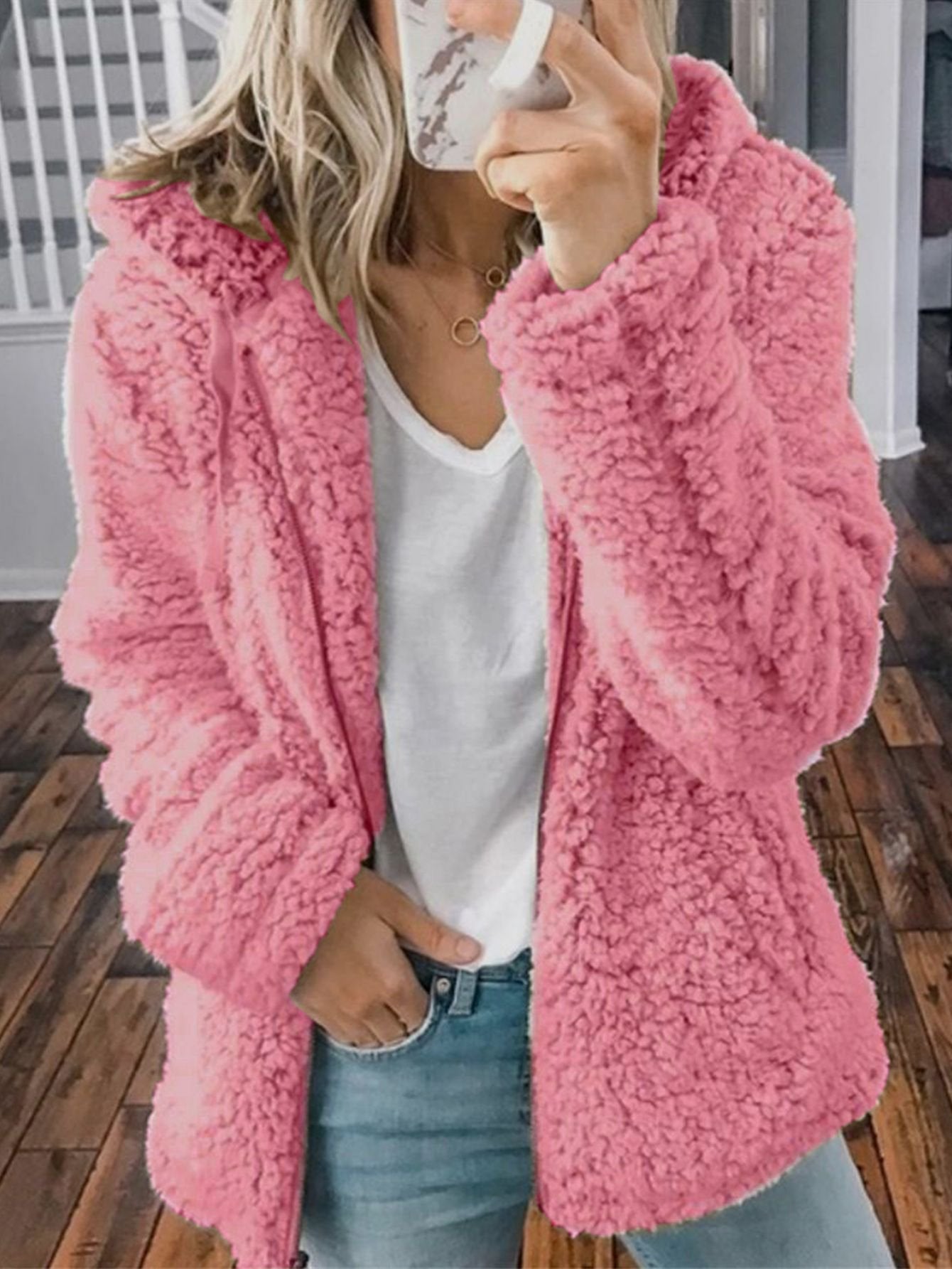 Woman's Solid Color Hooded Tops Casual Sweatshirts Coat