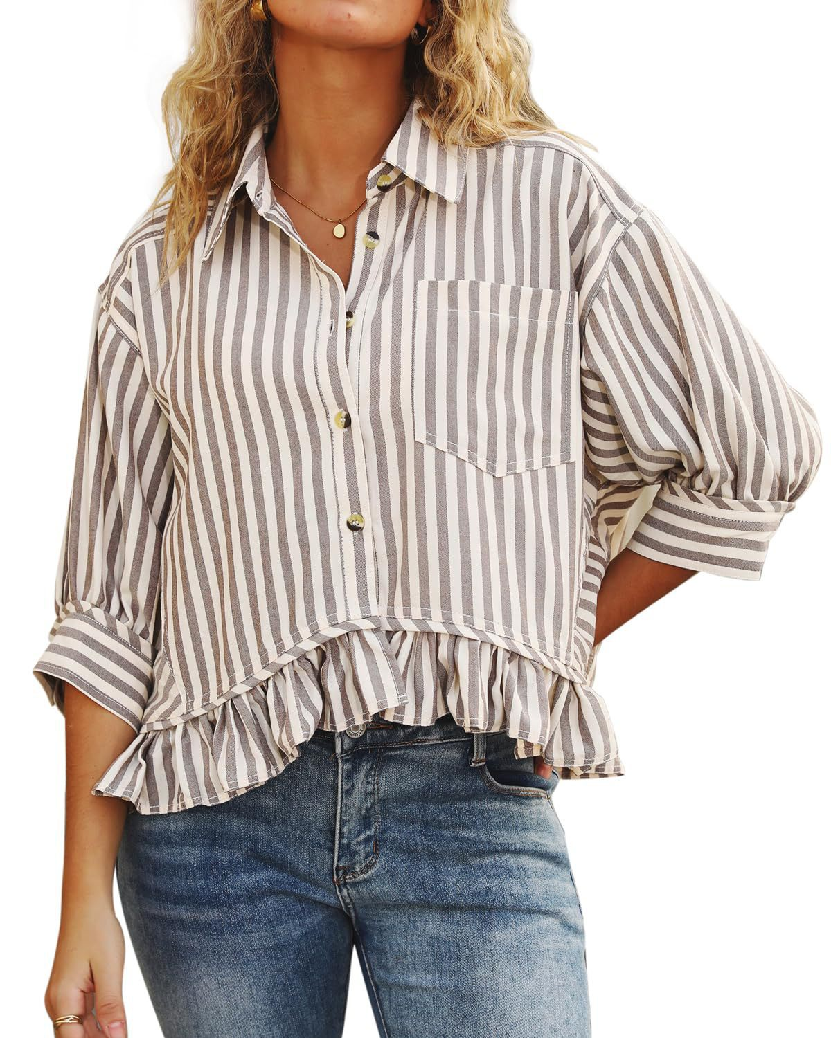 2026 Loose-fitting striped lace hem five-quarter sleeve shirt