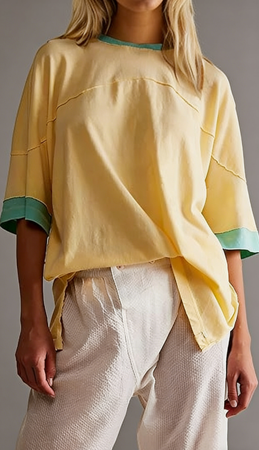 2026 Loose-fitting casual ribbed fabric patchwork pure cotton T-shirt