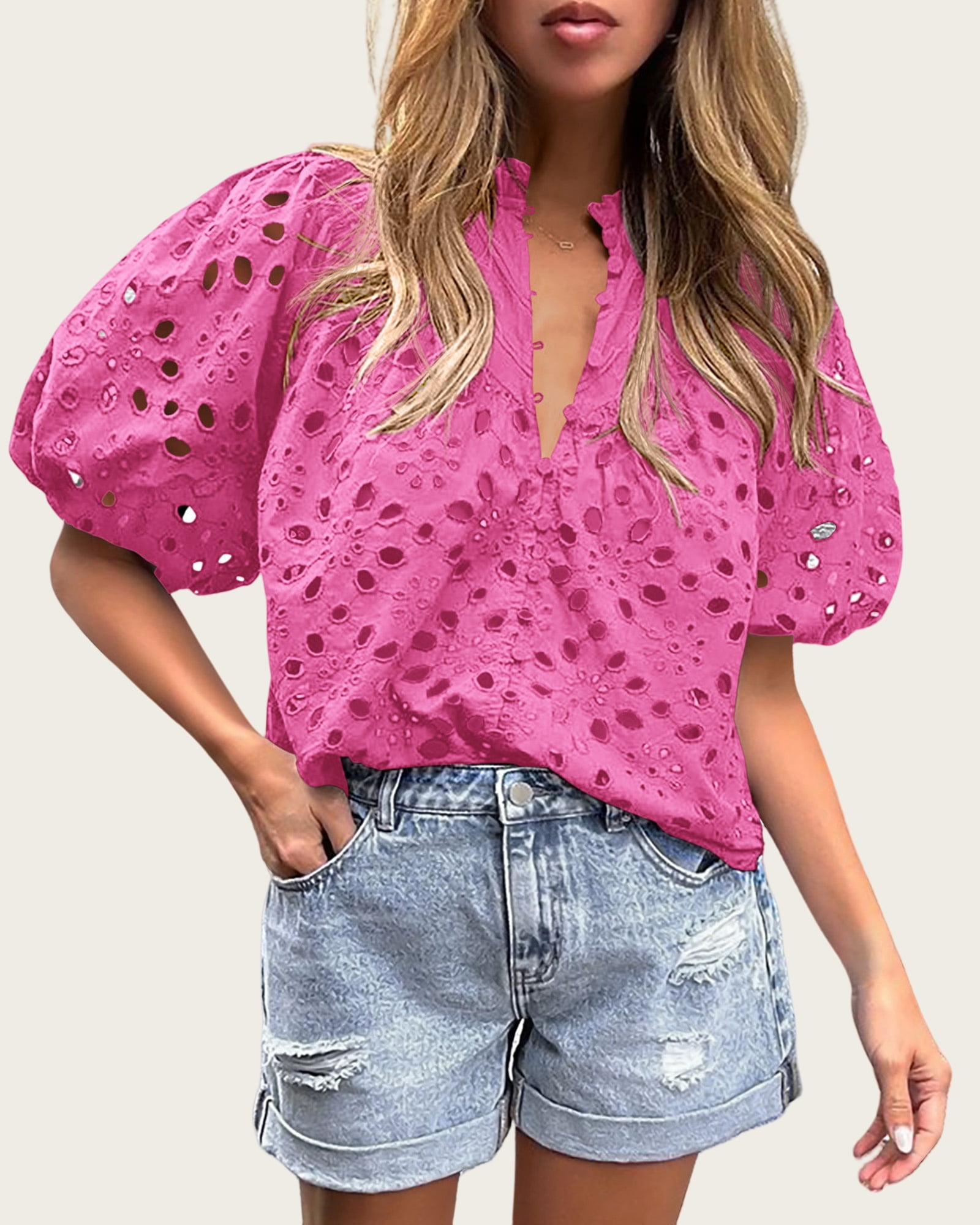 Short Lantern Sleeve Button Hollow Lace Embroidery Shirt