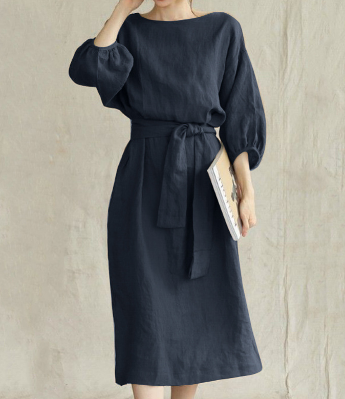 2026 Mid-length Tie-waist Solid Color Round Neck Dress