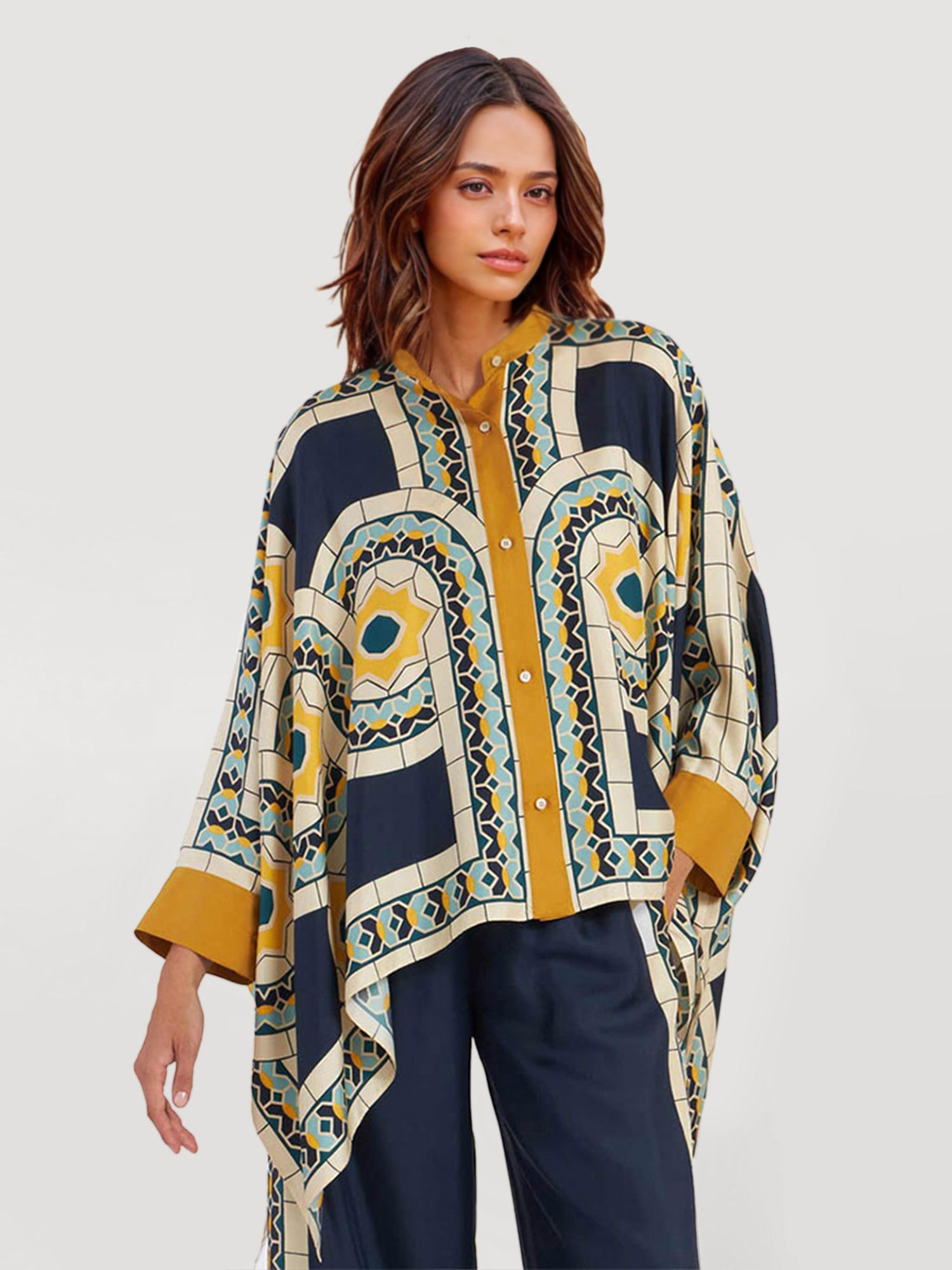 Geometric Print Oversized Button-Up Shirt