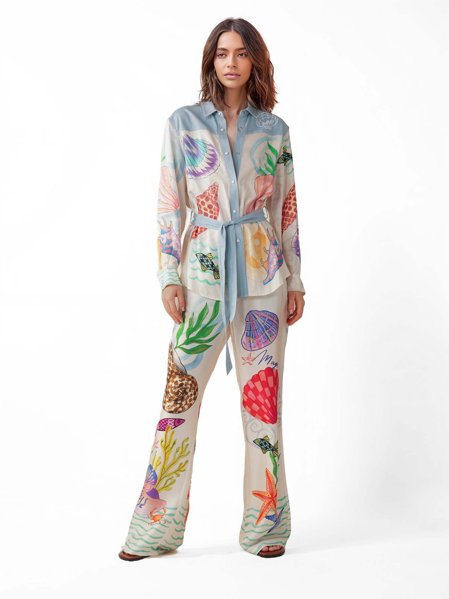 Seashell Print Belted Vacation Shirt