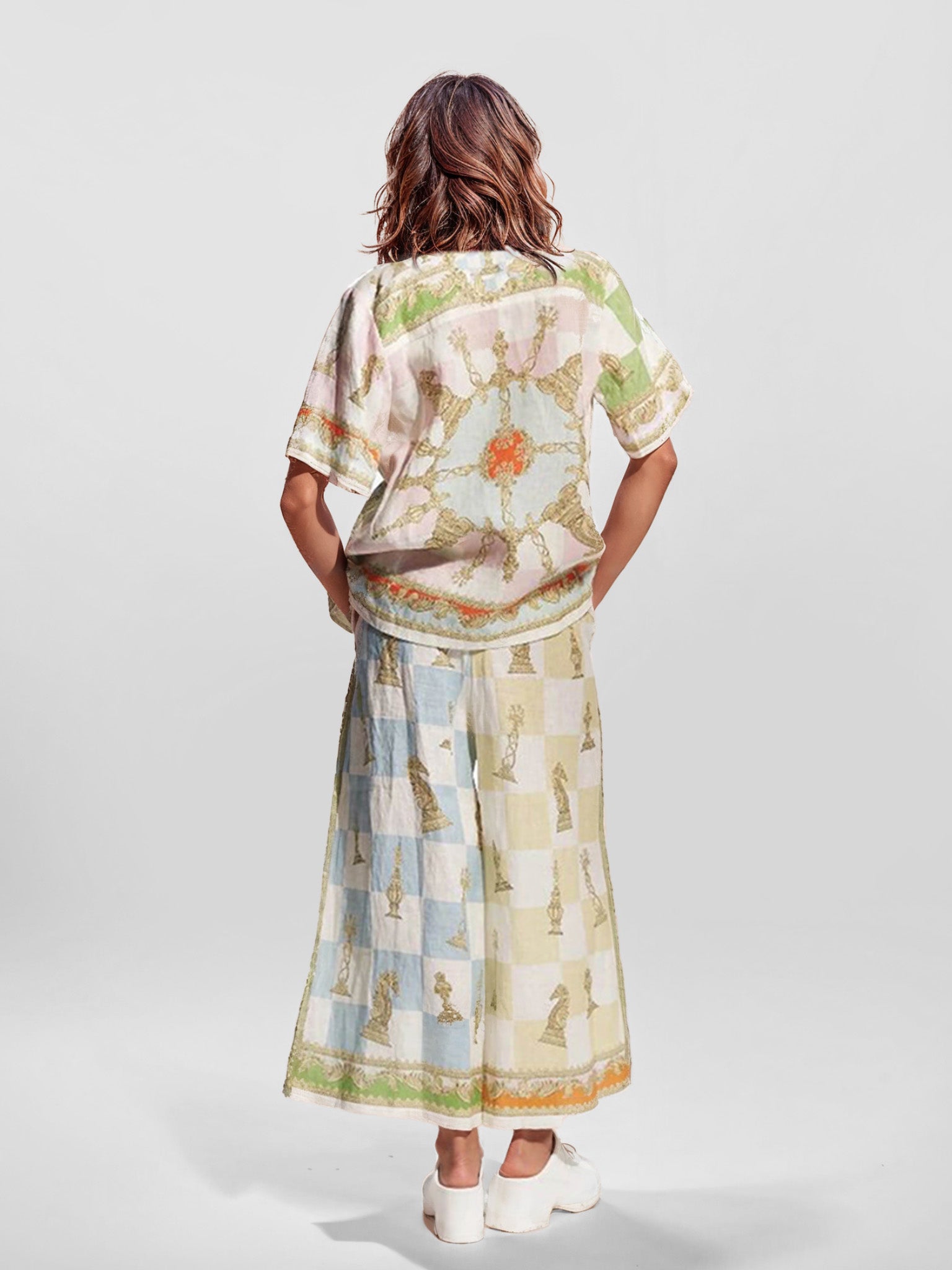 Vintage Chess Print Wide-Leg Pants