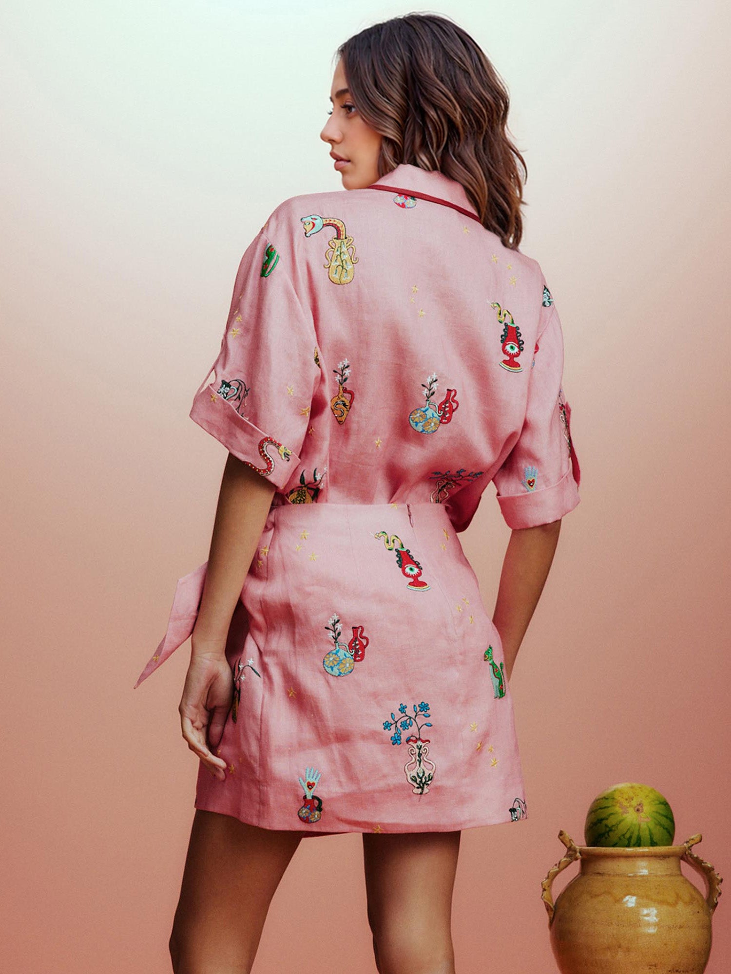 Pink Floral Embroidered Two-Piece Set