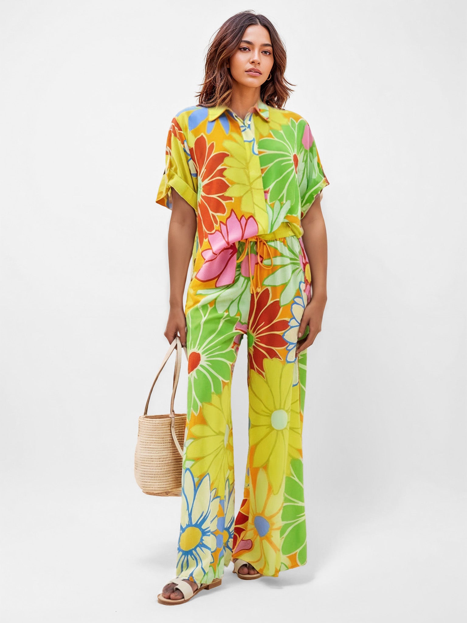 Bold Floral Print Wide-Leg Pants
