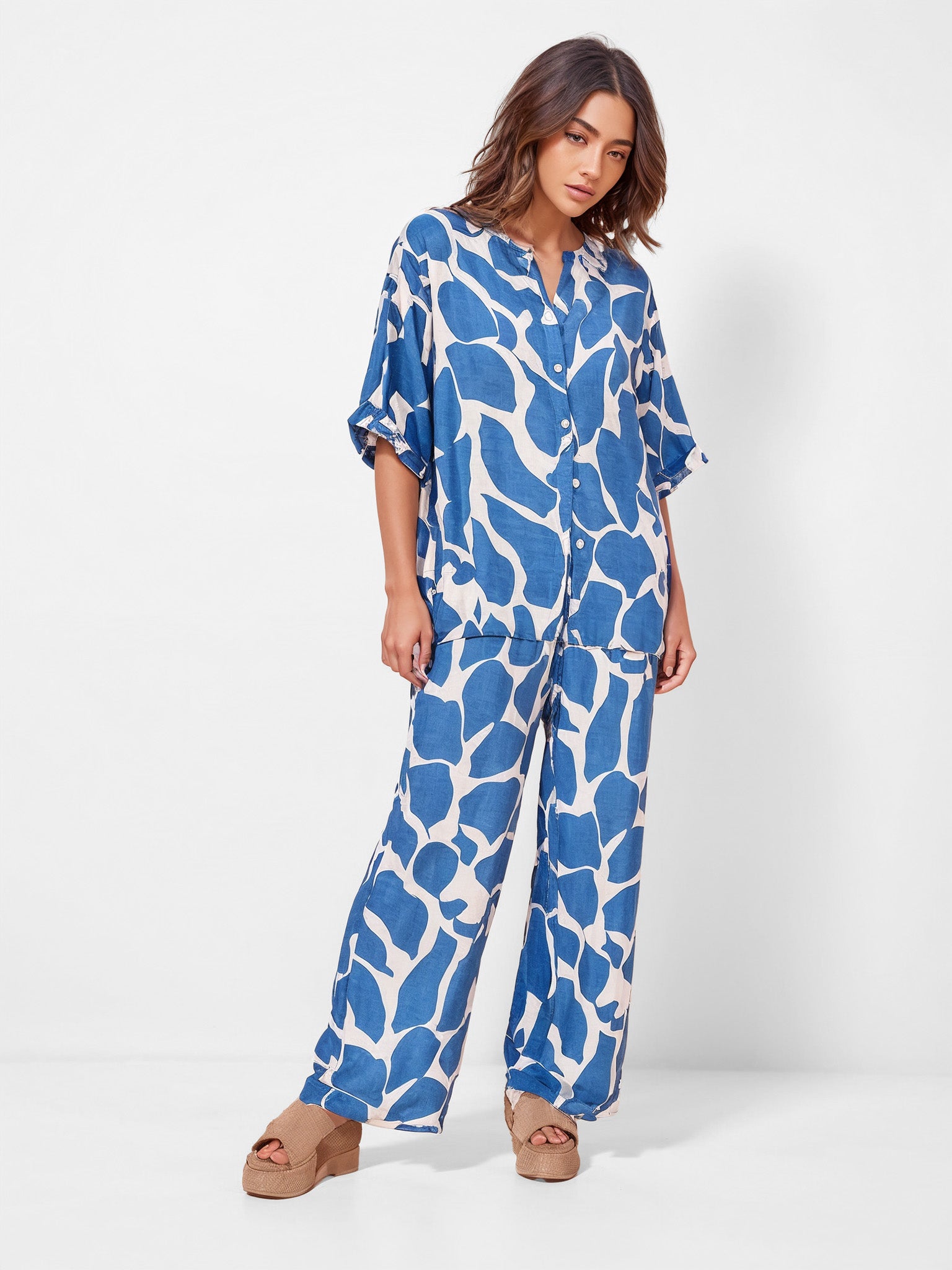 Ocean Wave Print Wide-Leg Pants