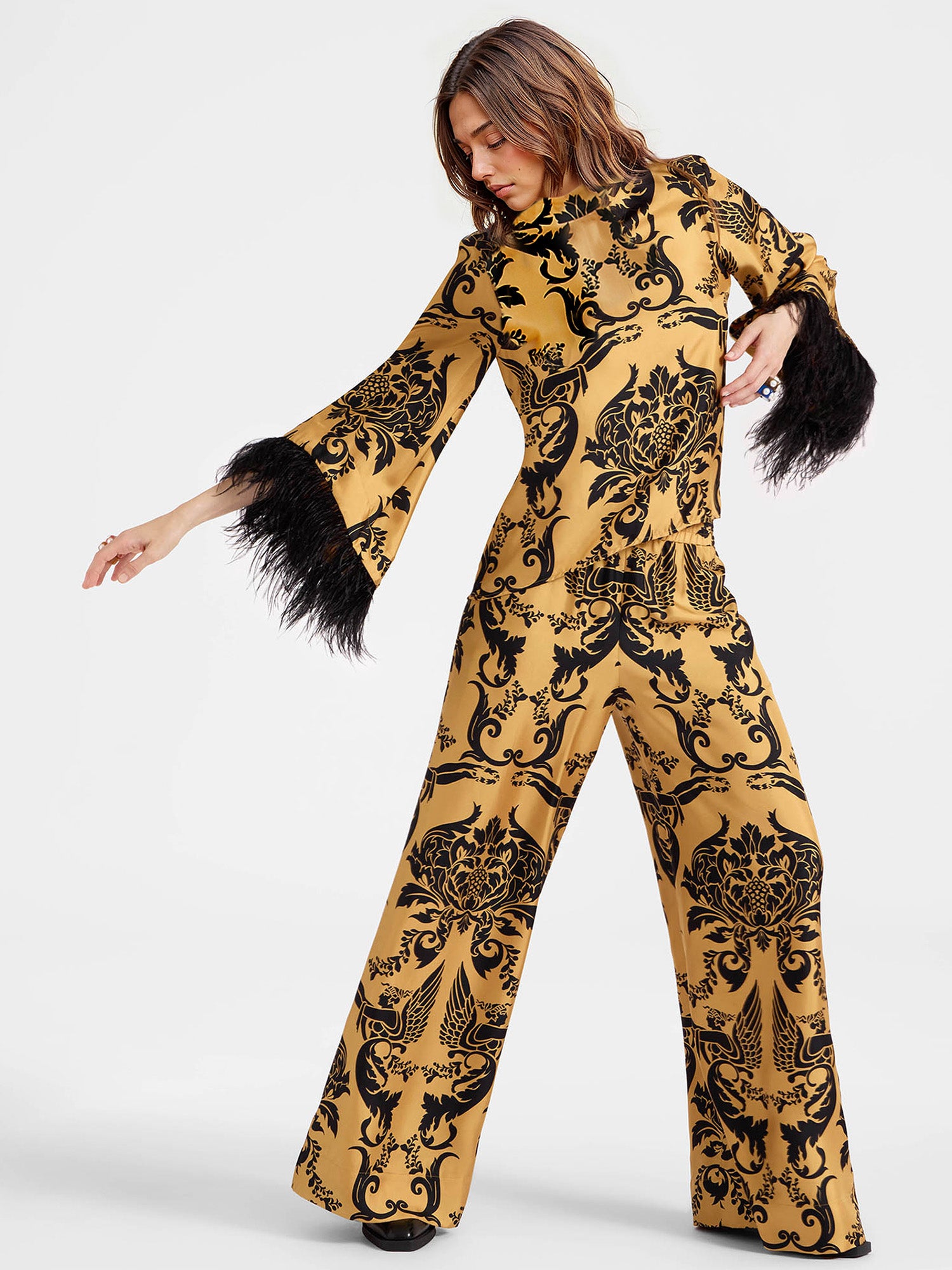 Bohemian Satin Top with Feather Detail