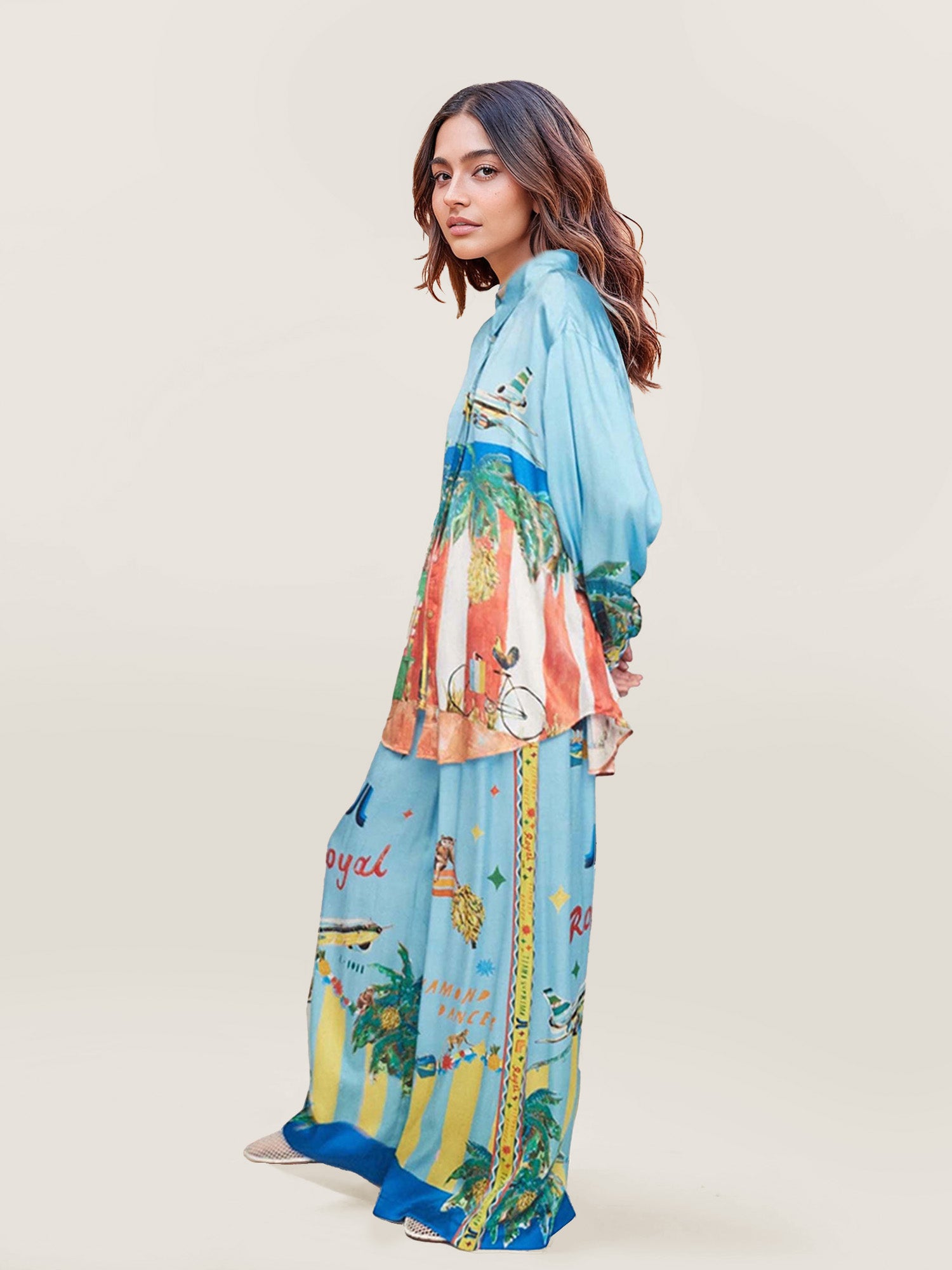 Loose-Fit Satin Shirt with Unique Painted Print