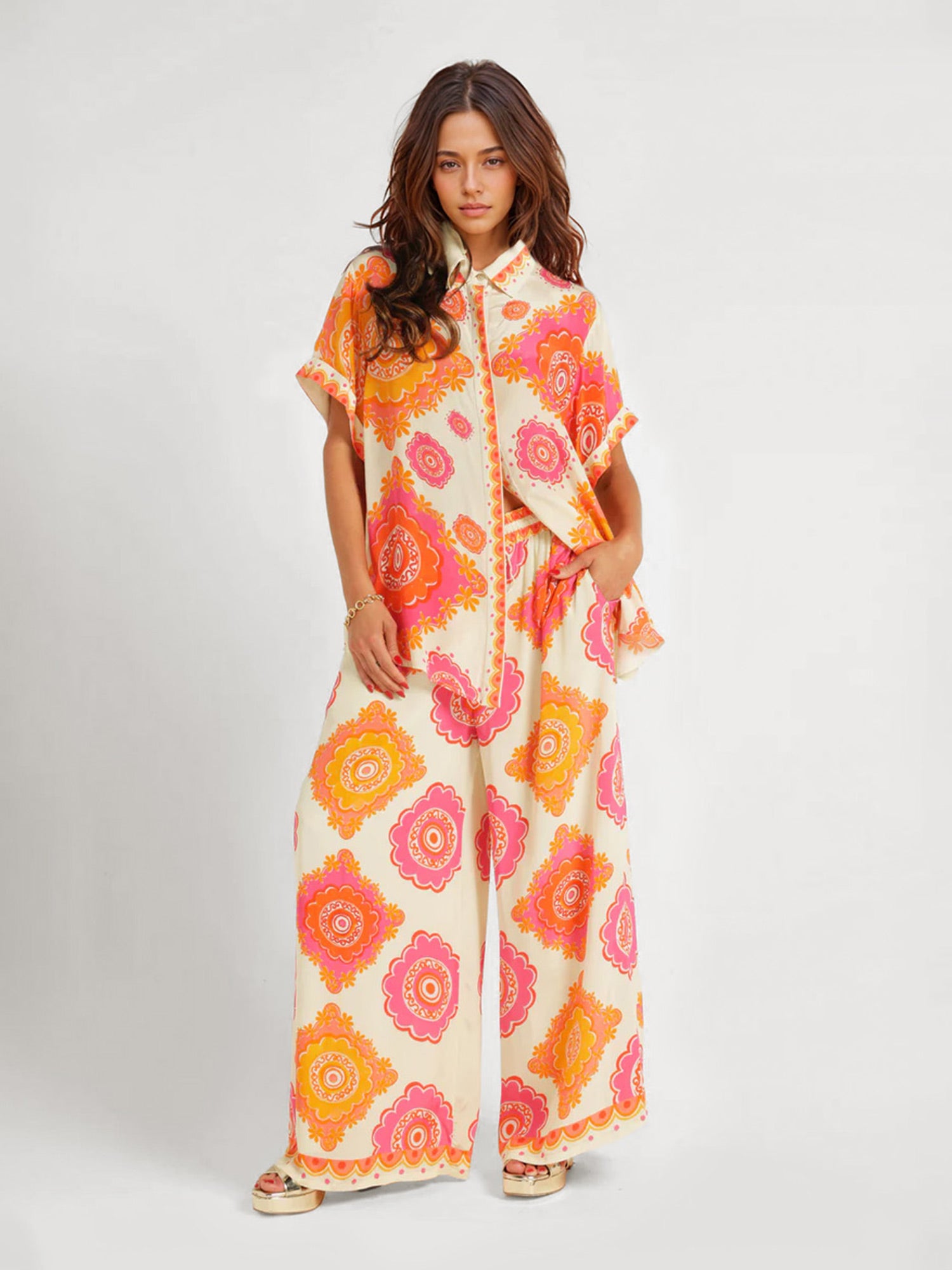 Retro Floral Print Wide-Leg Pants