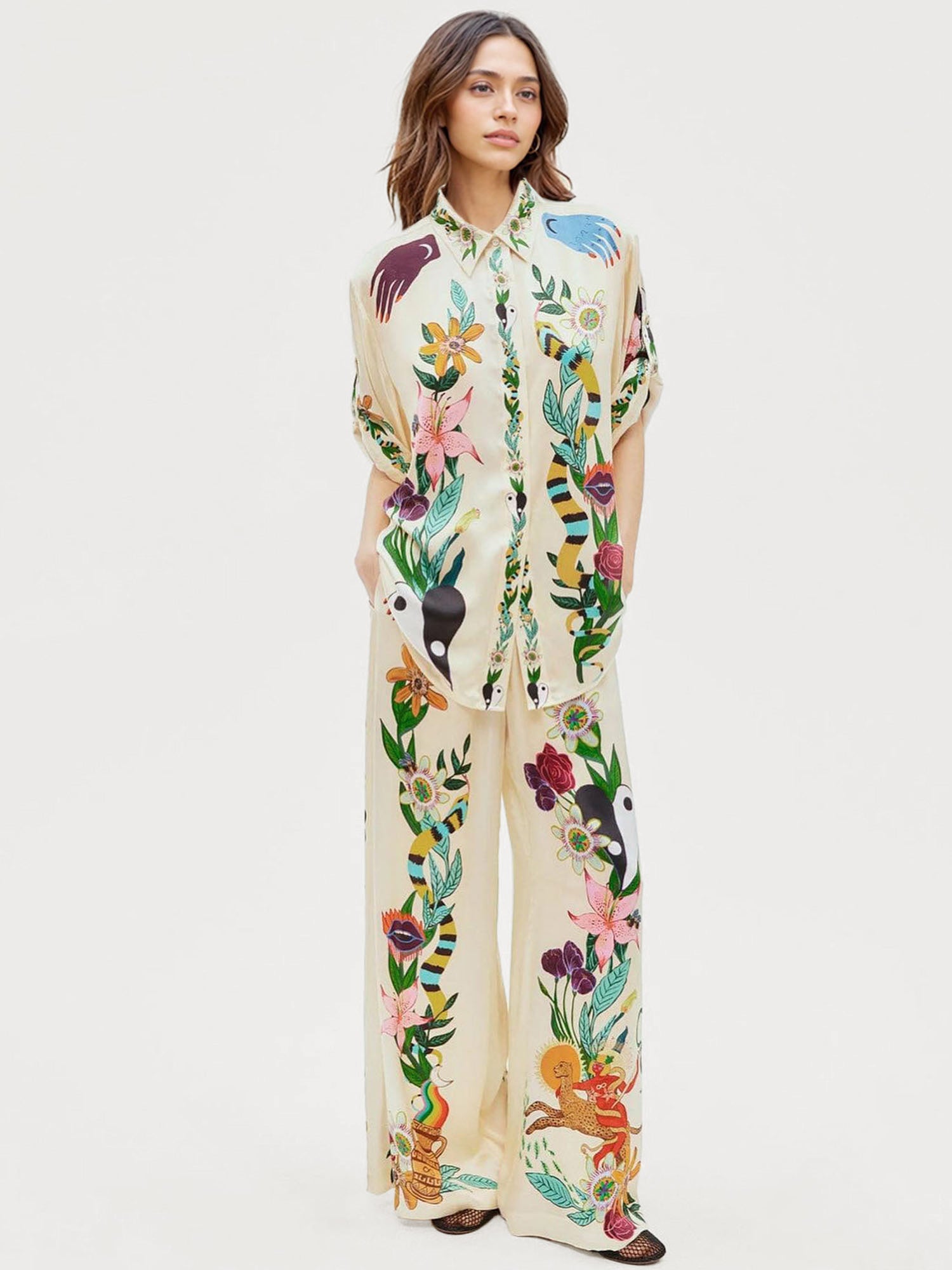 Satin Oversized Pants with Sophisticated Print