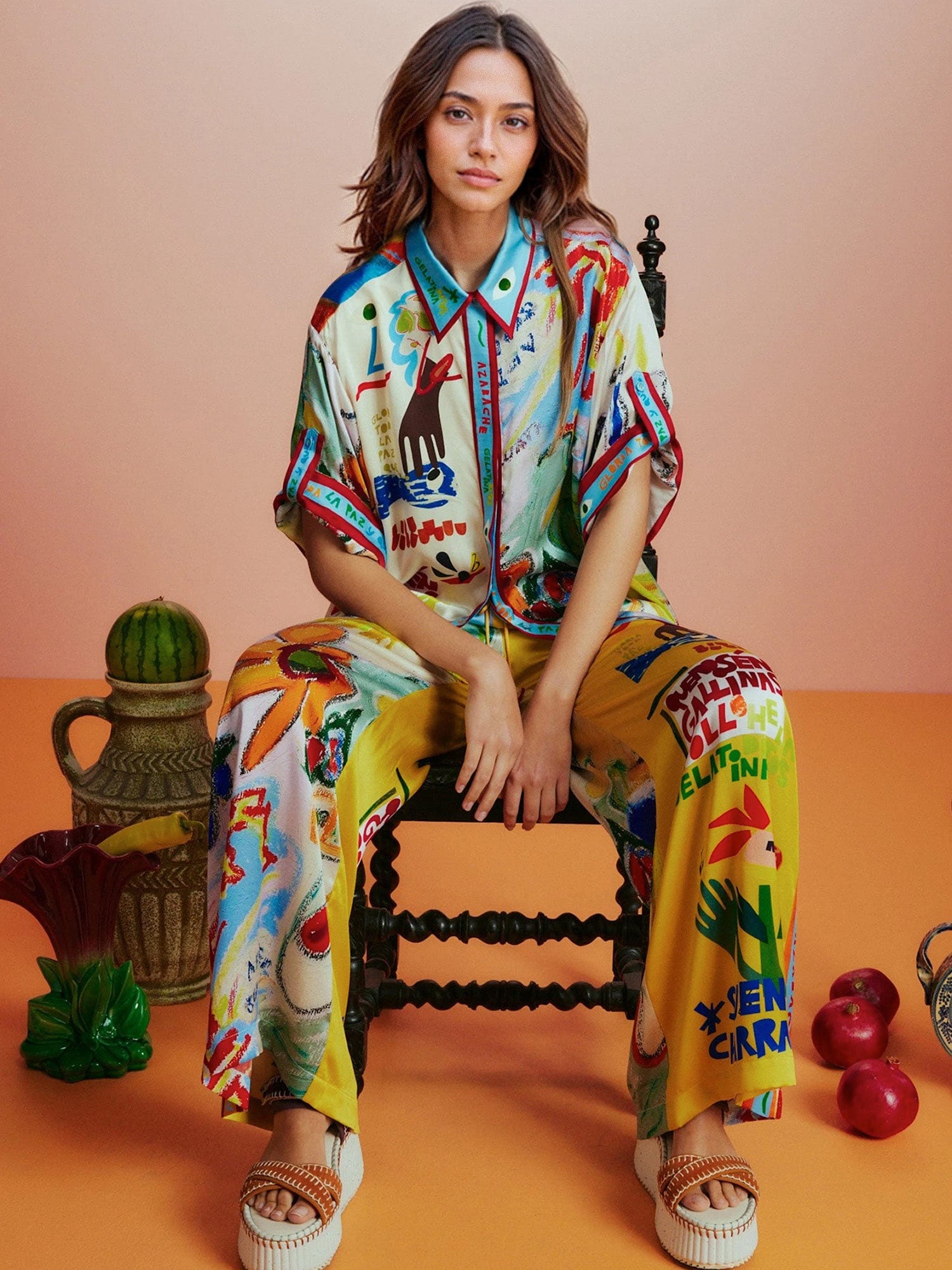 Vibrant Art Print Wide-Leg Pants