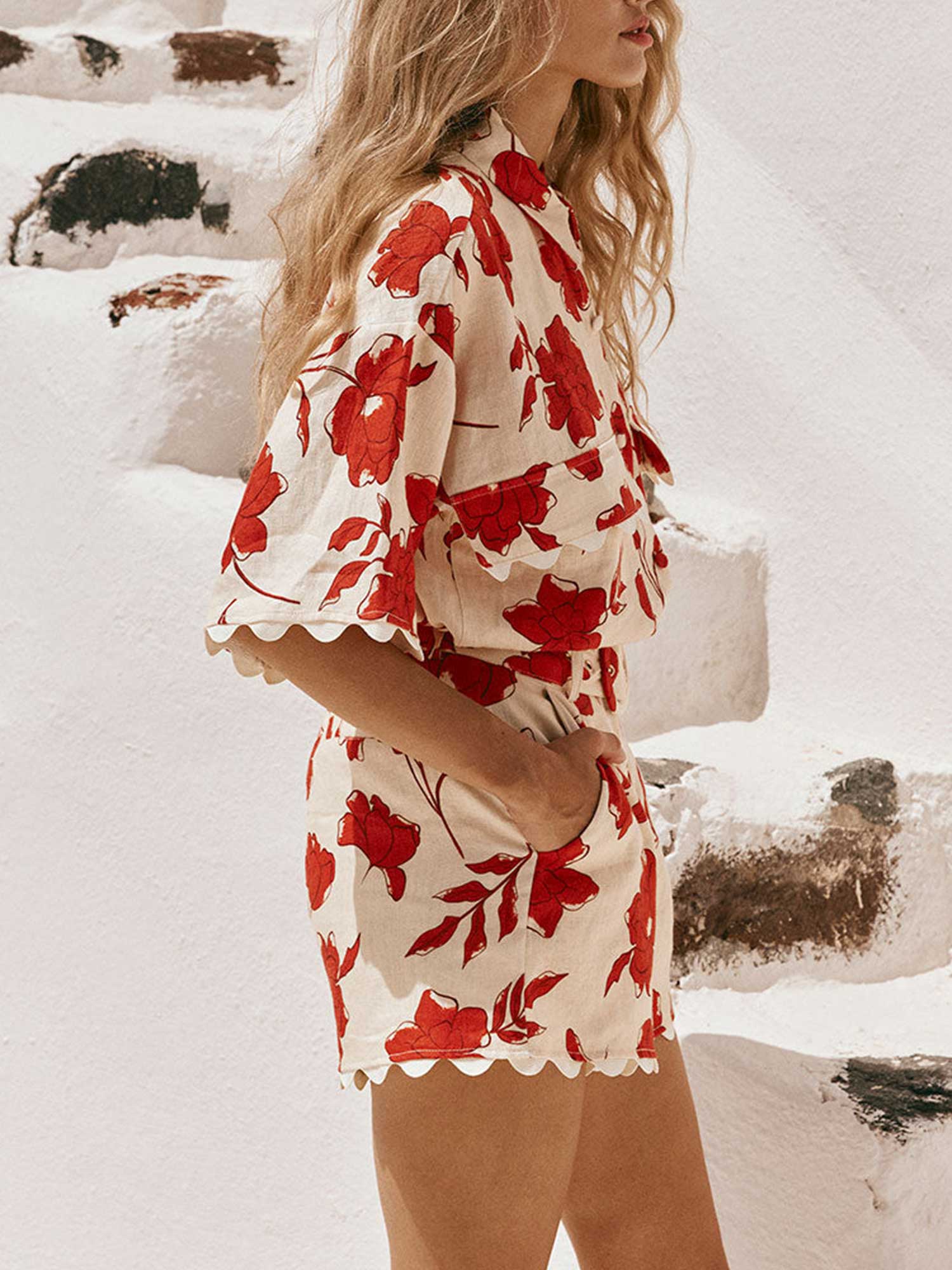 Scarlet Bloom Linen Two-Piece Set