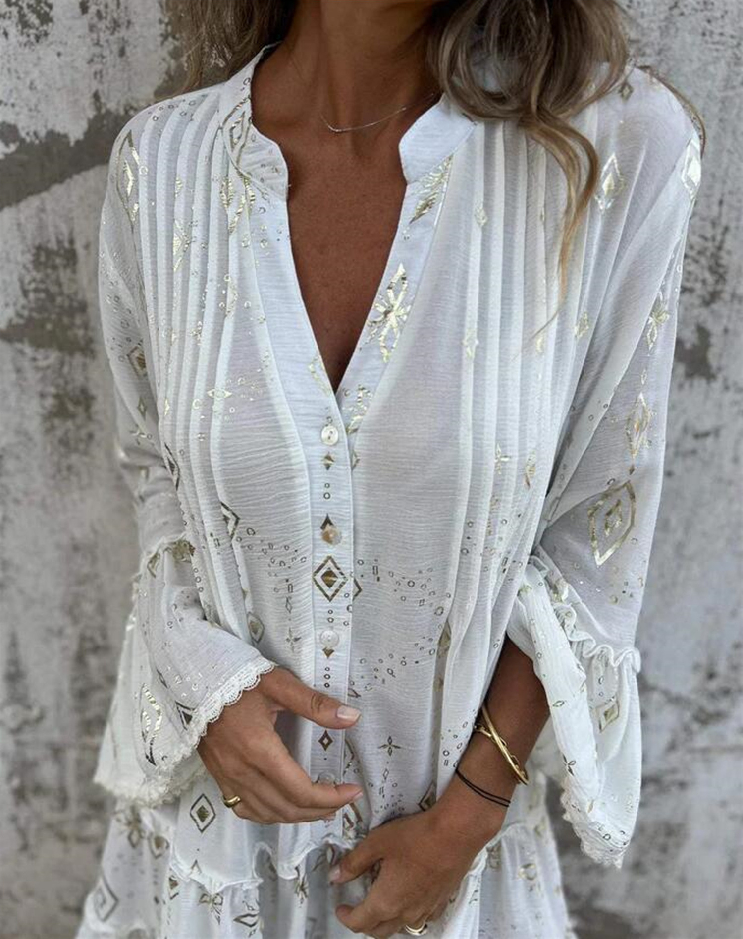 Limited Time Discount 🔥New Hot Stamping Lace Trumpet Sleeve Hollow Dress