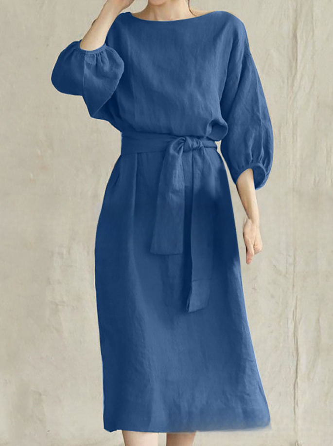 2026 Mid-length Tie-waist Solid Color Round Neck Dress