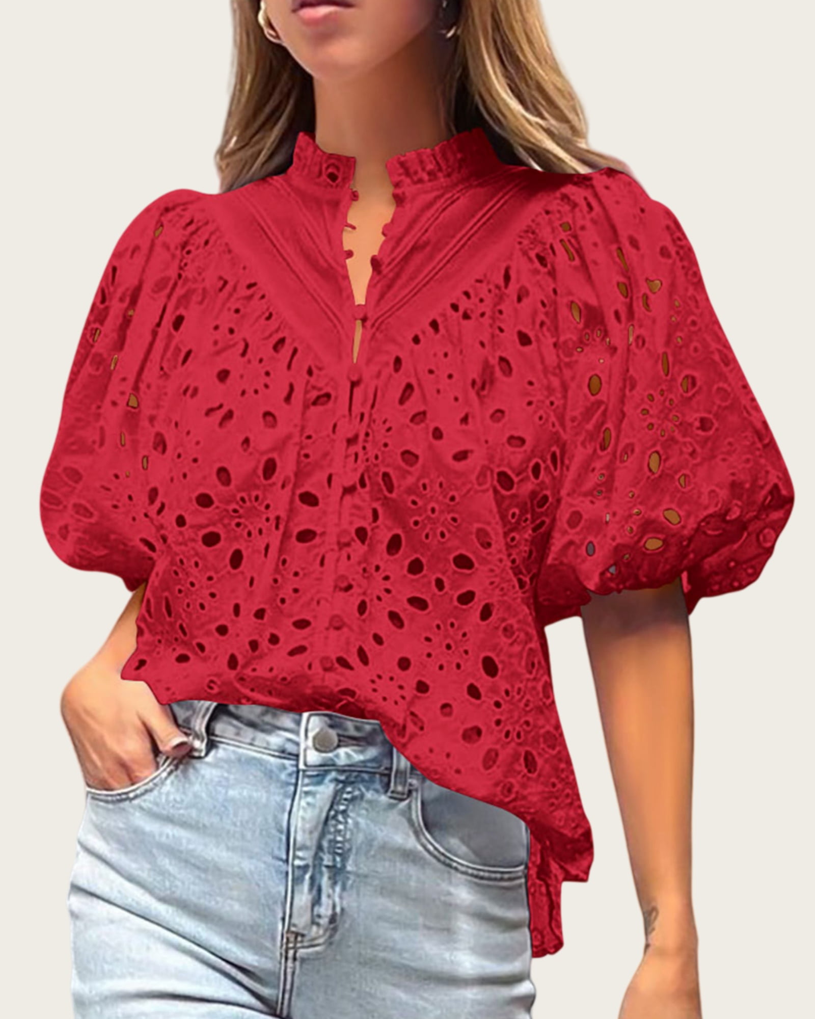 Short Lantern Sleeve Button Hollow Lace Embroidery Shirt