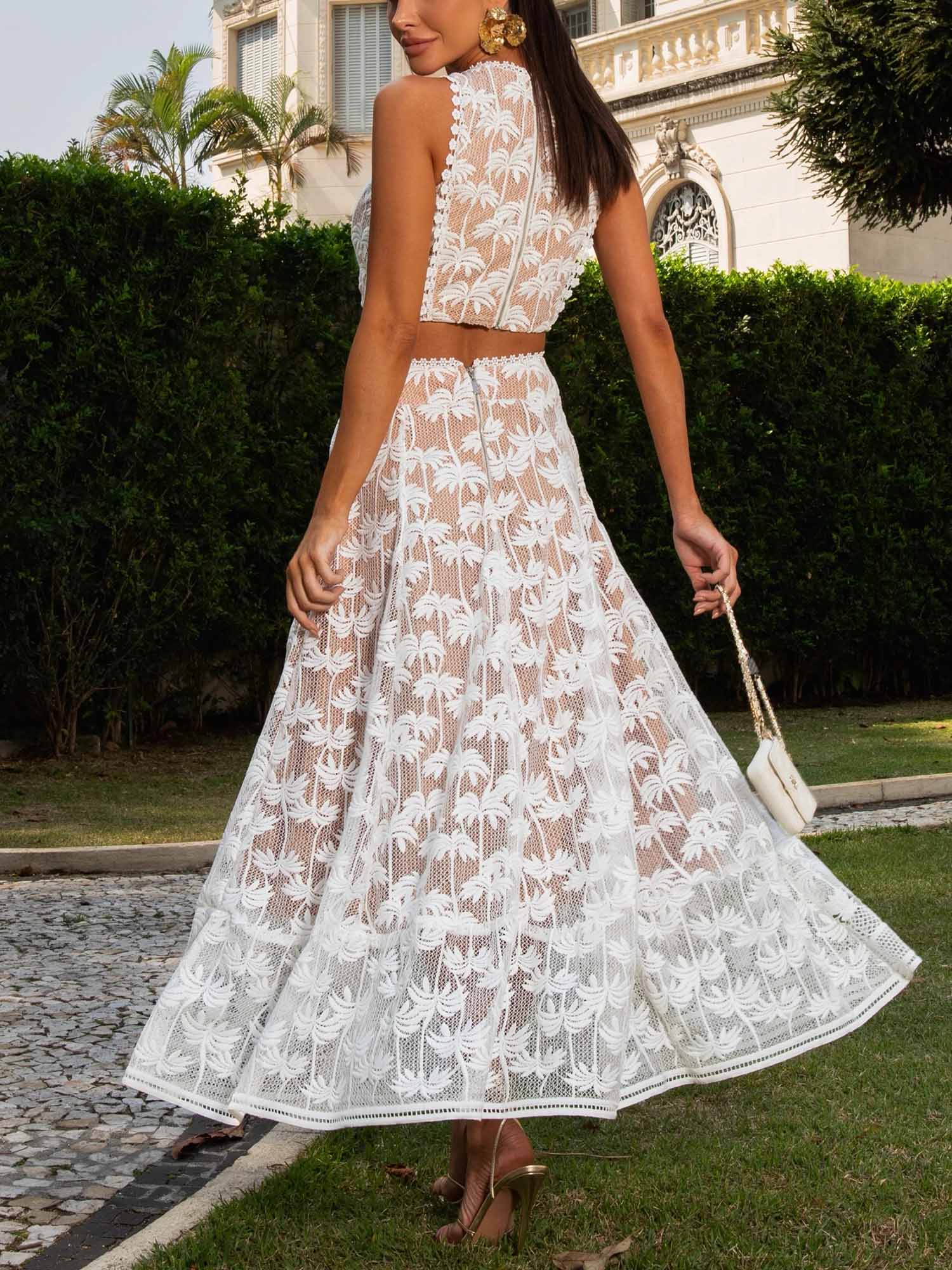 Palm Embroidered A-Line Maxi Skirt
