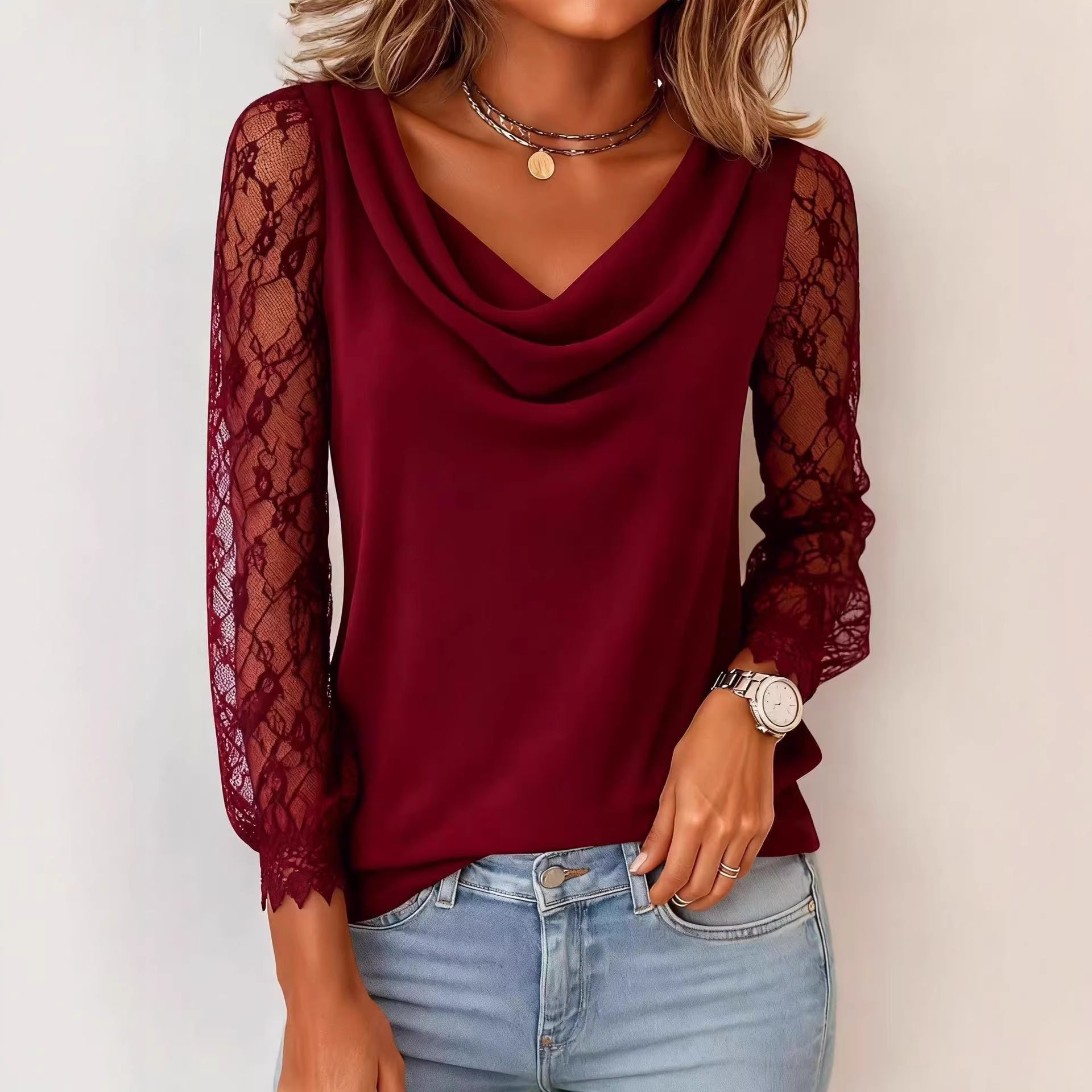 2026 French lace-trimmed three-quarter sleeve turtleneck T-shirt