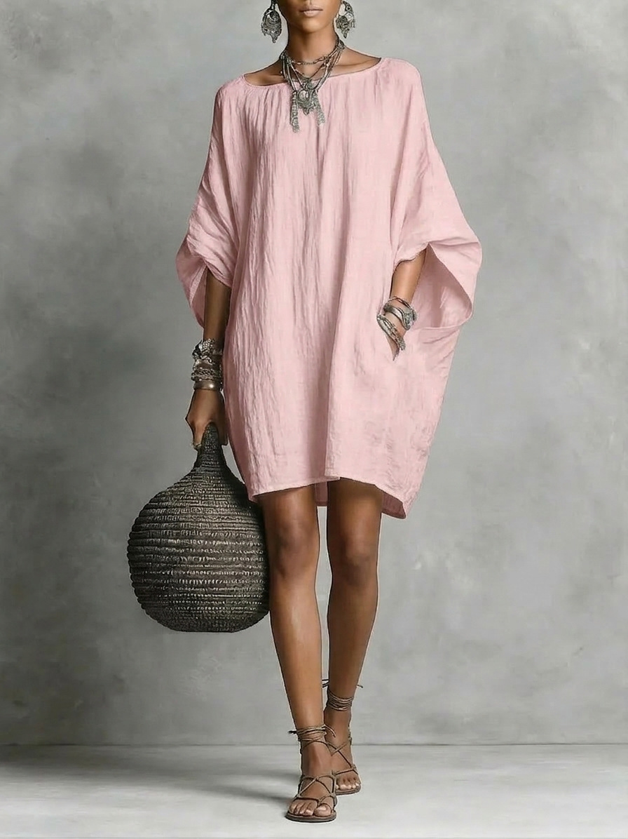 Retro casual cotton and linen off-shoulder dress