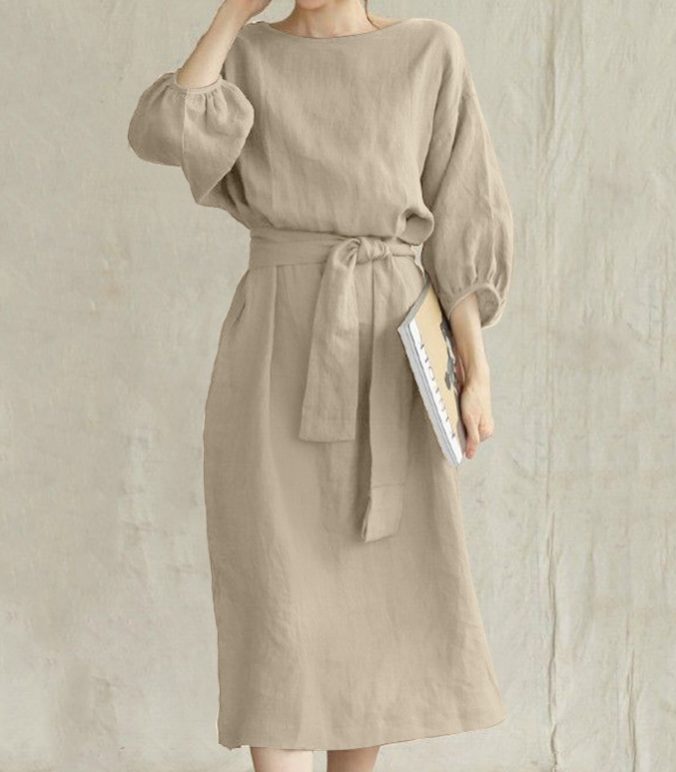 2026 Mid-length Tie-waist Solid Color Round Neck Dress