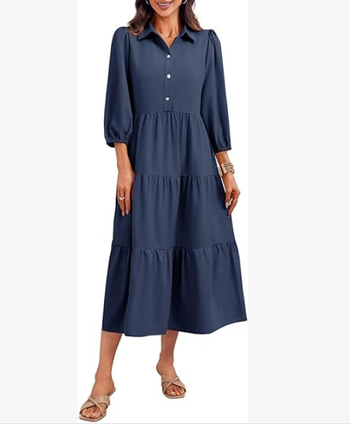 Casual V-neck three-quarter sleeve button dress